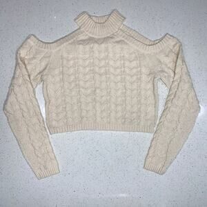 Dreamers by Debut Women’s XL Cream Crop Top Open Shoulder Long Sleeve Sweater